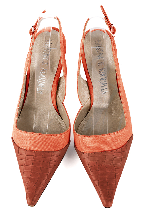 Terracotta orange women's slingback shoes. Pointed toe. High spool heels. Top view - Florence KOOIJMAN